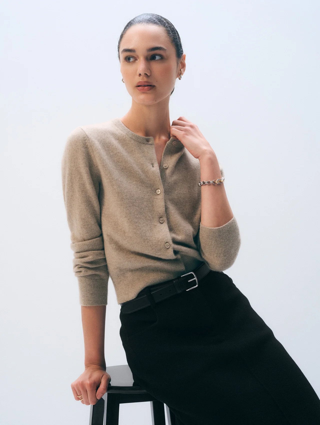 Cashmere Crewneck Cardigan - Taupe Heather