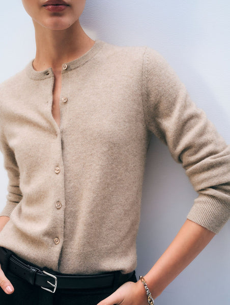Cashmere Crewneck Cardigan - Taupe Heather