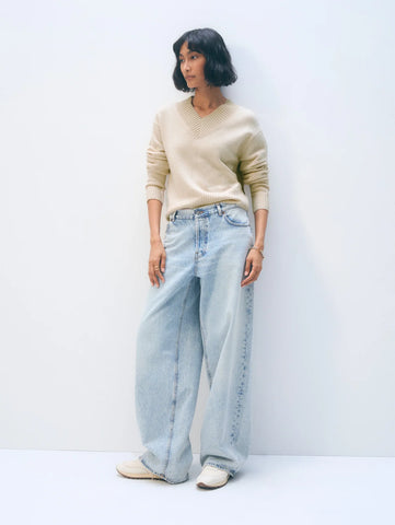 Cashmere Wide Rib Trim Vneck -Natural