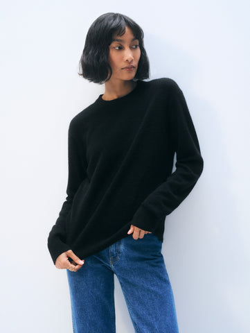 Cashmere Rib Trim Crewneck - Black