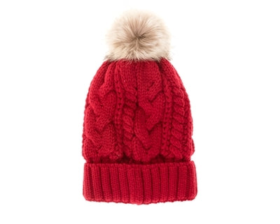 Fur Pom Cable Knit Beanie - Red