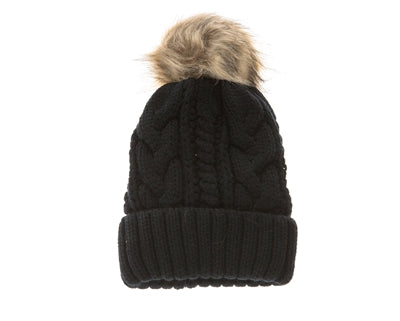Fur Pom Cable Knit Beanie - Black