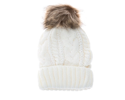 Fur Pom Cable Knit Beanie - Ivory