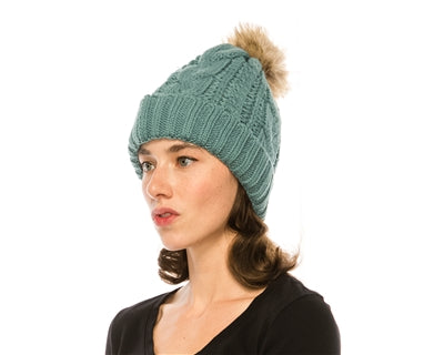 Fur Pom Cable Knit Beanie - Mint