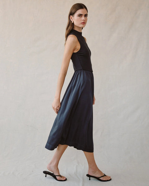 Mock Neck Mixed Dress - Obsidian