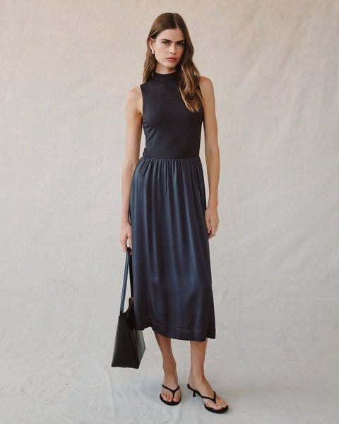 Mock Neck Mixed Dress - Obsidian