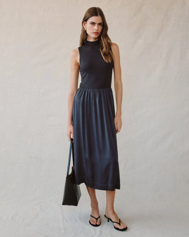 Mock Neck Mixed Dress - Obsidian