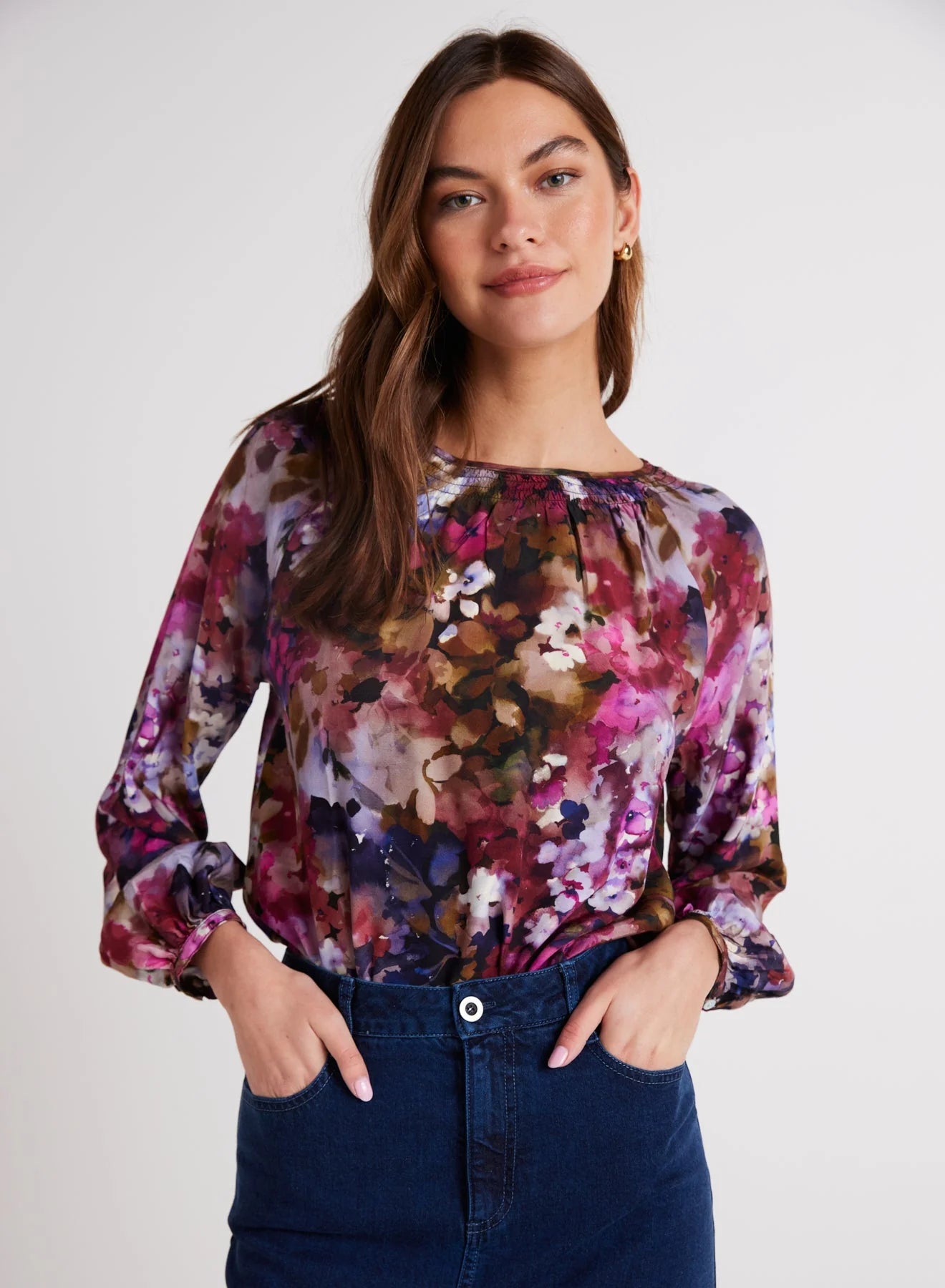 Smocked Neck Top - Twilight Fleur