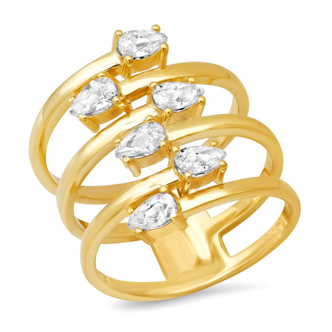 Crossover Wide Ring with Pear Shaped CZ - Gold